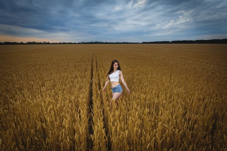 woman is walking in golden field of wheatの写真素材