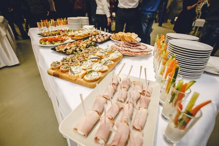 Lunch coffee Break stand-up meal with Vegetables in a long glass ham and cheese mushroom baskets....