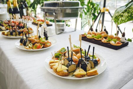 Lunch Break with nuggets squash cheese needles forks lettuce on white plate on conference meeting or hotel restaurant. coffee break or stand-up meal. Photo for restaurant or stand-up meal or banquetの写真素材