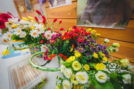 Colorful multi-colored flowers in basket in Education Centre. img photo for school or Kindergartenの写真素材