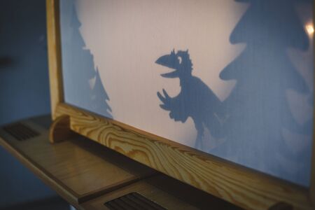 teacher do a shadow play crow in kindergarten or preschool. child play concept shadow pantomime shadowgraph for children.の写真素材