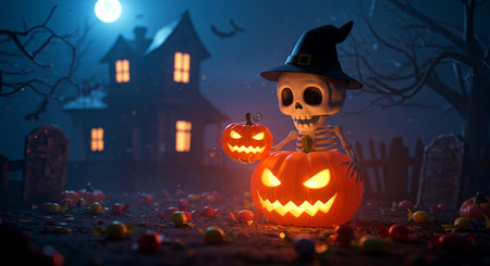 Halloween pumpkin with skeleton decoration and haunted house at nightの素材