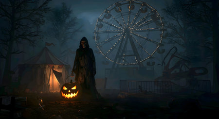 Halloween theme: witch with pumpkin and ferris wheel at nightの素材