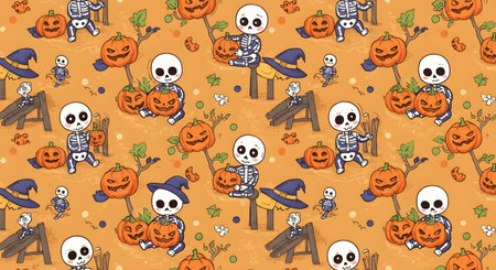 Cute skeleton kids dancing with pumpkins in Halloween playground seamless patternの素材