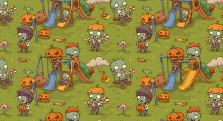 Cute zombie kids playing in park with pumpkins and candyの素材