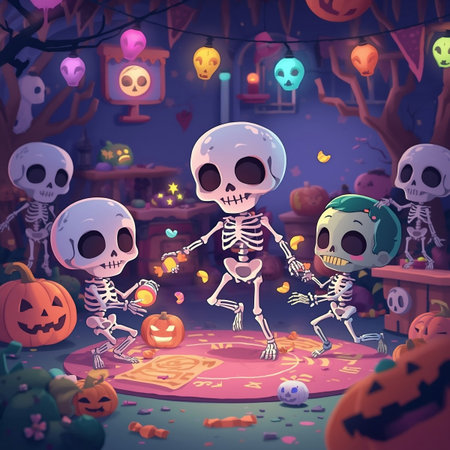 Cute skeleton children dancing with Halloween lanterns and pumpkinsの素材
