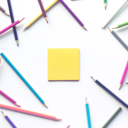 Group of colorful pencil with copy space note paper background.Business creativity and education ideas conceptsの写真素材
