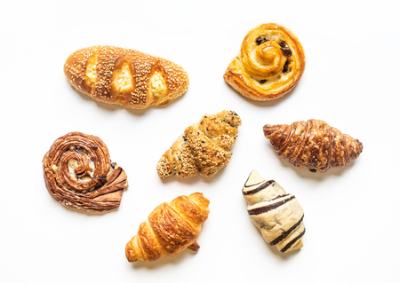 Top view of bread and bakery set on blue color background.Food and healthy concepts imagesの写真素材
