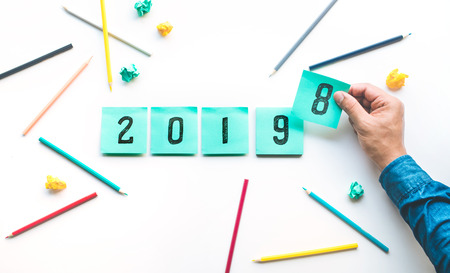 Business ideas 2019 with male hand and pencil,notepaper.Goal to success concepts