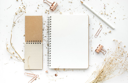 Top view of worktable with mock up accessories and dry flower.flat lay design/copy spaceの写真素材