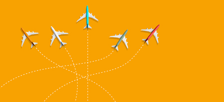 Aviation industry with group of airplane flying on different route.Traffic management control.Business industry transportationの写真素材