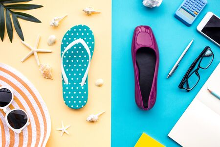 Summer vacation and job busy concepts with different lifestyle of accessory on colorful...
