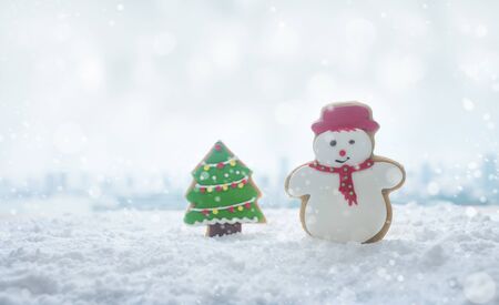 Christmas festival concepts ideas with snowman and pine tree cookie on snowの写真素材