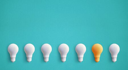 One light bulb outstanding,glowing different.business creativity idea concepts.flat lay designの写真素材