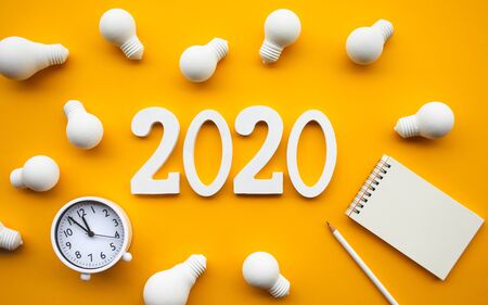 Creativity of 2020 concepts with group of lightbulb and text number on pastel color background.Business solution.Performance of human.minimal style.の写真素材