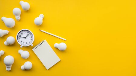 Ideas inspiration concepts with group of lightbulb and business equipmenton on pastel color background.creativity for sucess.minimal style.の写真素材