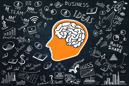 Creativity inspiration,ideas concepts with power of brain and business doodle element on dark background.human performanceの写真素材