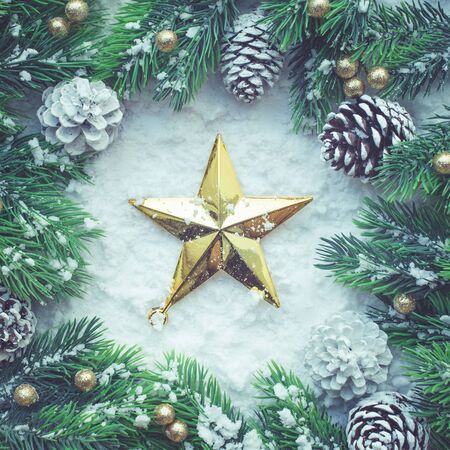 Christmas ornament with ,pine branch copy space background For christmas concepts or new year,winter ideas.Flat lay template designの写真素材