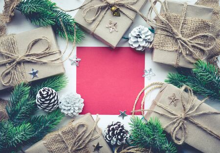 Christmas ornament with red card background For christmas concepts or new year,winter ideas.Flat lay template designの写真素材