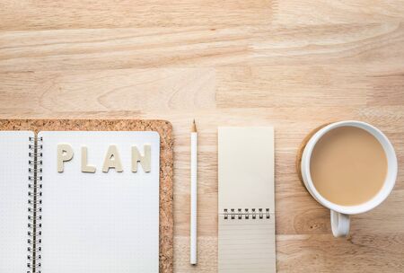 Working space with wood office desk table and supplies.Business flat lay background design