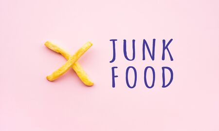 Junk food concepts with text and cross sign from french-fried.Anti fast food and healthy conversation ideasの写真素材