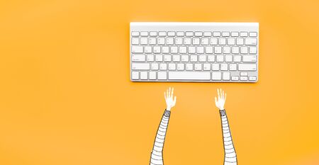 Drawing man typing computer keyboard on yellow color background.Minimal style.Business modern lifeの写真素材