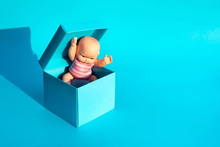 Baby,child inside cute box on blue color background.Surprise and funny concepts ideasの写真素材
