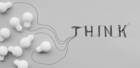 Ideas inspiration concepts with THINK text and power of lightbulb.Business creativity.teamwork for brainstorming.minimal style.motivation to successの写真素材