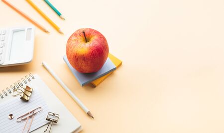 Fruit and healthy concepts with red apple on desk worktable background.organic and nature ideasの写真素材