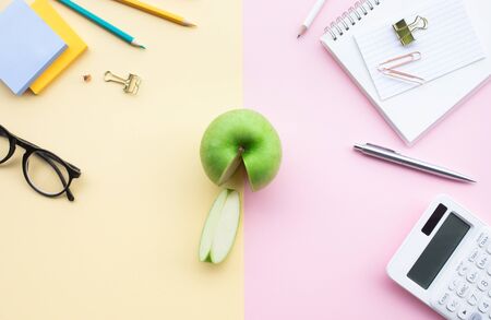 Fruit and healthy concepts with green apple on desk worktable background.organic and nature food ideasの写真素材
