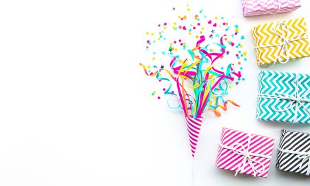 Celebration anniversary and party concepts ideas with colorful gift box present and confetti element...