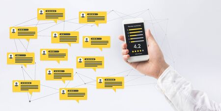 Consumer reviews concepts with bubble people review comments and smartphone. rating or feedback for...