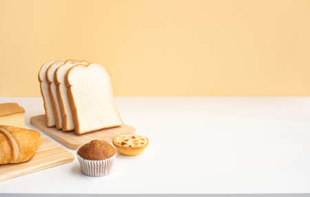 Set of breakfast food or bakery,cake on table kitchen background.cooking and eating with healthy...