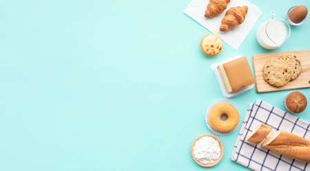 Set of breakfast food or bakery,cake on table background.cooking and eating with healthy lifestyle.top viewの写真素材