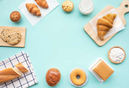 Set of breakfast food or bakery,cake on table background.cooking and eating with healthy lifestyle.top viewの写真素材