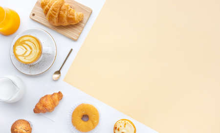 Set of breakfast food or bakery,cake on table kitchen background.cooking and eating with healthy lifestyle.top viewの写真素材