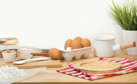 Selective focus/Cooking breakfast food or bakery with ingredient and copy space of dish wood background.For product display.healthy eatingの写真素材