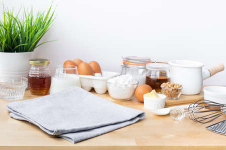 Selective focus.Cooking breakfast food or bakery with ingredient and copy space of napkin cloth.For background product display.healthy eatingの写真素材