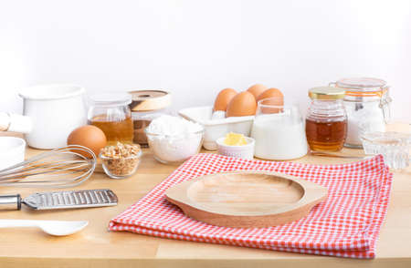 Cooking breakfast food or bakery with ingredient and copy space of wood dis.For product...