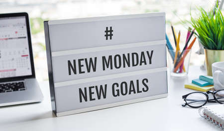 New monday new goals text on light box on desk.Business motivation and inspation.creativity conceptsの写真素材