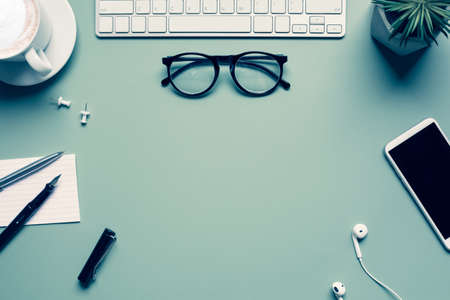 Flat lay,Blank of desk with accessories.Business motivation,inspiration concepts ideasの写真素材