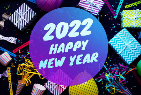 2022  happy new year celebration concepts with gift box and ornament in colorful background.winter...