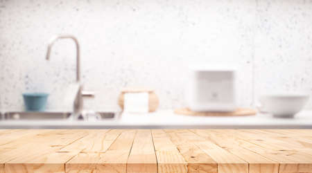 Selective focus.Wood table top on blur kitchen counter background.For montage product display or design key visual layout.の写真素材