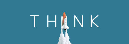 Ideas,inspiration concepts with rocket on blue background.Business start up or goal to success.creativity of humanの写真素材