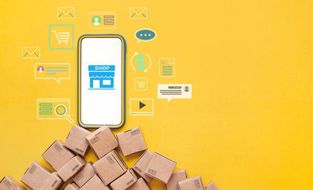 Business ecommerce or online shopping concepts with smartphone and digital icon and product box...