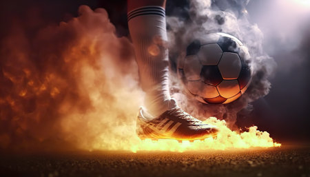 soccer player with football fire flame flying.sport  action for advertising concepts.ai generated imagesの素材