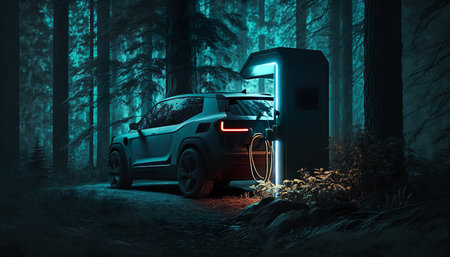 Electric car off road or four wheel drive charge battery with station in the forest.trip camping travel lifestyle.technology automotive.ai generated imagesの素材