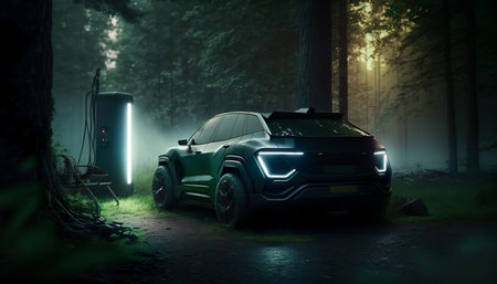 Electric car off road or four wheel drive charge battery with station in the forest.trip camping travel lifestyle.technology automotive.ai generated imagesの素材