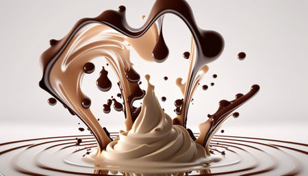 Chocolate splash with milk spin or pouring.hot drink dynamic mixing for demonstration food shot background.ai generated imagesの素材