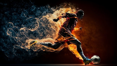 soccer player with football fire flame flying.sport  action for advertising concepts.ai generated imagesの素材